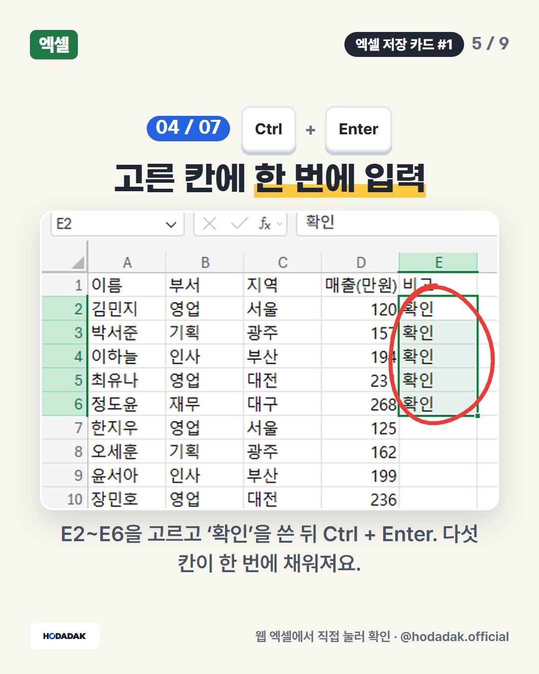 Ctrl + Enter — 고른 칸에 한 번에 입력: E2~E6을 고르고 ‘확인’을 쓴 뒤 Ctrl + Enter. 다섯 칸이 한 번에 채워져요.
