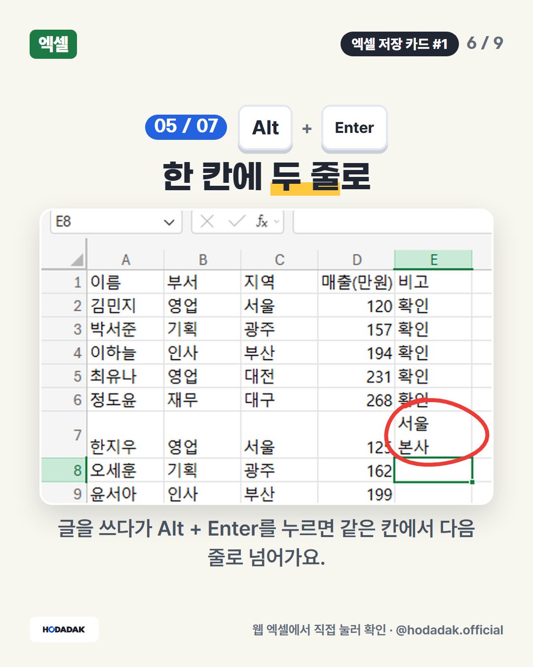 Alt + Enter — 한 칸에 두 줄로: 글을 쓰다가 Alt + Enter를 누르면 같은 칸에서 다음 줄로 넘어가요.