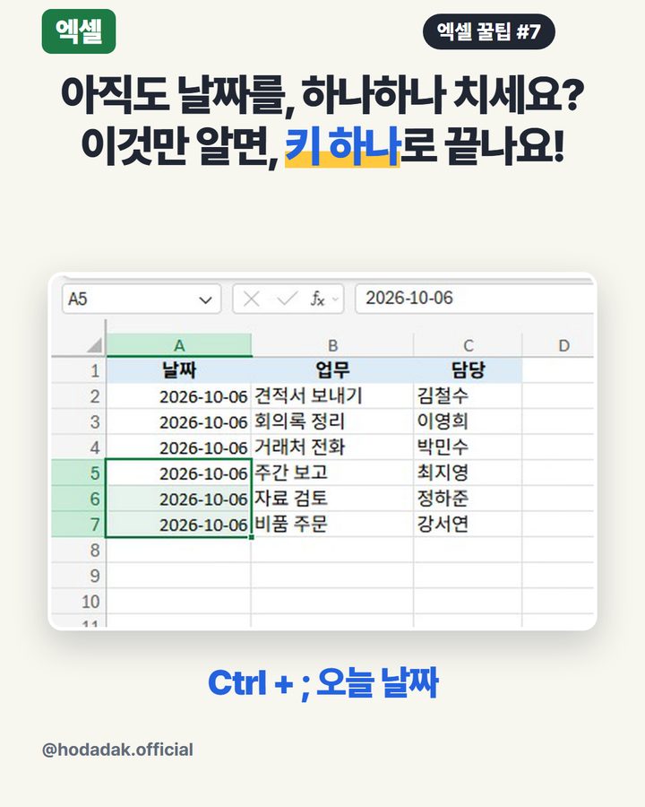 엑셀 오늘 날짜 바로 넣기 — Ctrl + ;