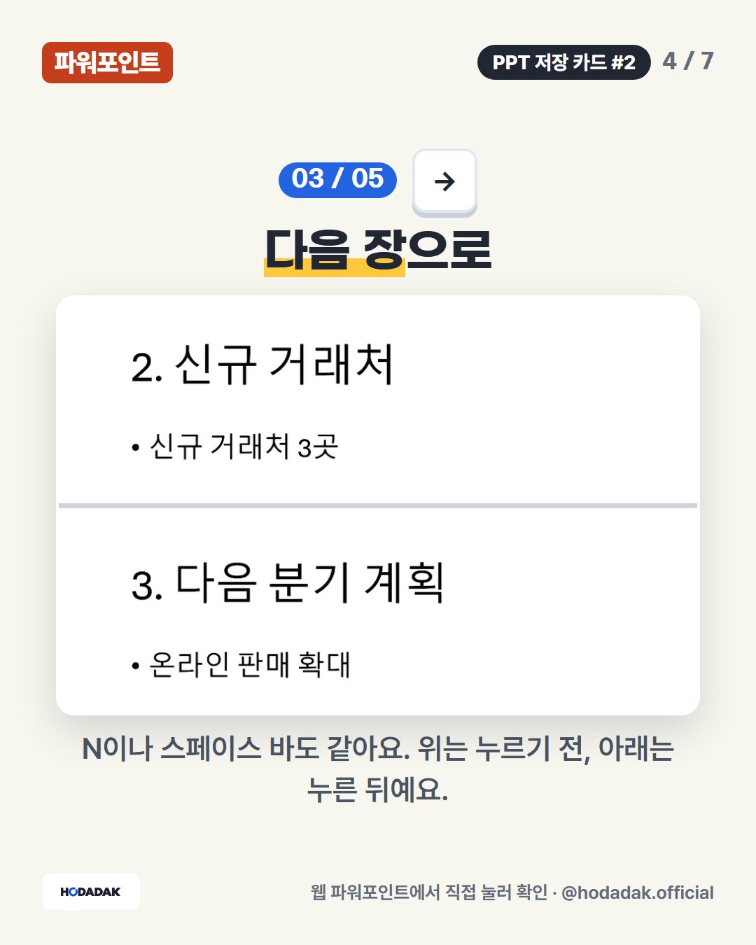 → — 다음 장으로: N이나 스페이스 바도 같아요. 위는 누르기 전, 아래는 누른 뒤예요.