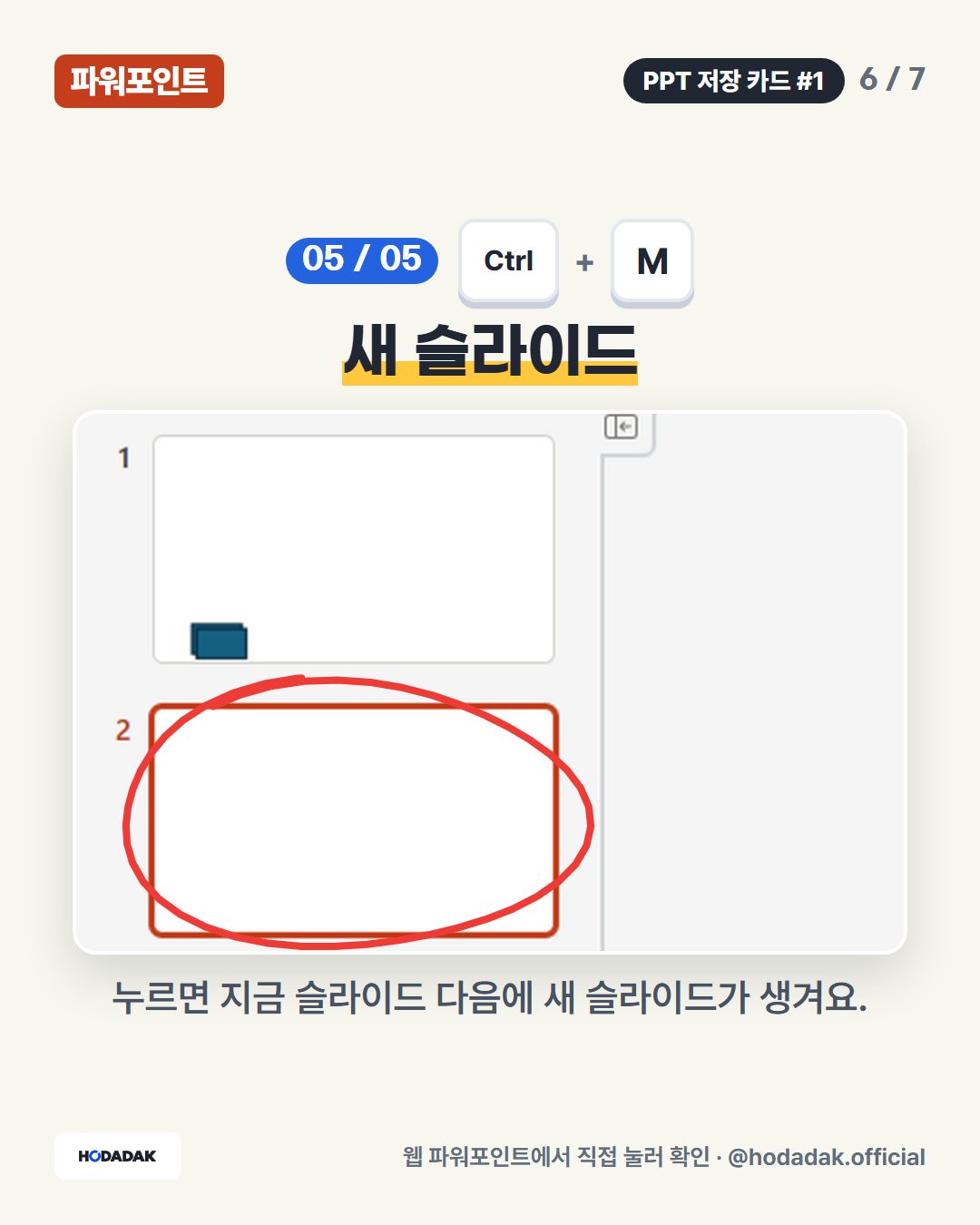 Ctrl + M — 새 슬라이드: 누르면 지금 슬라이드 다음에 새 슬라이드가 생겨요.