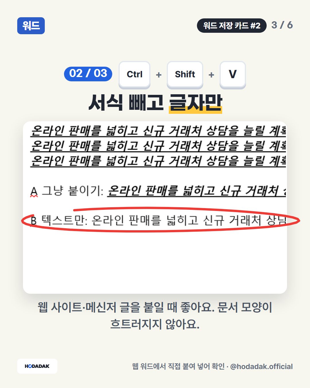Ctrl + Shift + V — 서식 빼고 글자만: 웹 사이트·메신저 글을 붙일 때 좋아요. 문서 모양이 흐트러지지 않아요.